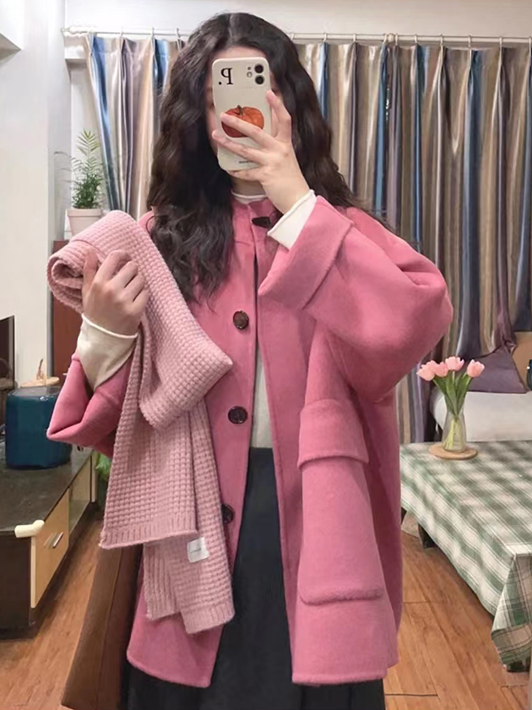 高级感树莓粉毛呢外套女短款秋冬新款韩版小个子文艺复古呢子大衣