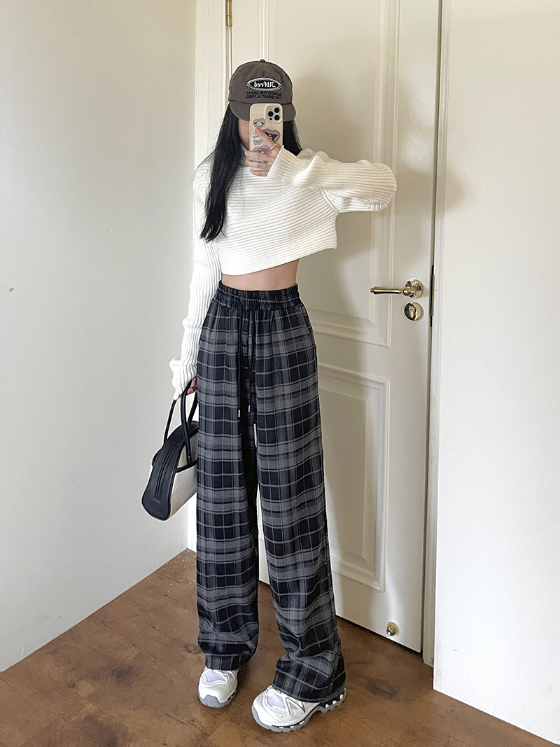 [Real shot, original TR pattern] Black and white plaid pants for women, autumn new style, casual retro straight wide leg pants