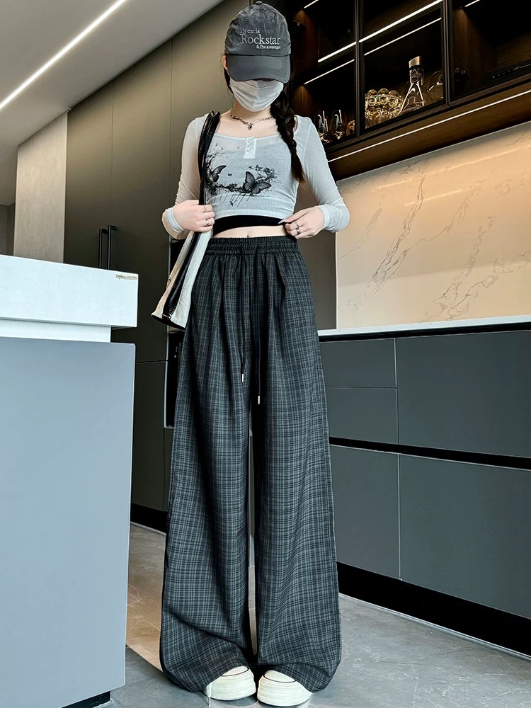 [Original High Density Plaid] Retro Plaid Pants Women's New High Waist Casual Small Lazy Drape Wide Leg Pants