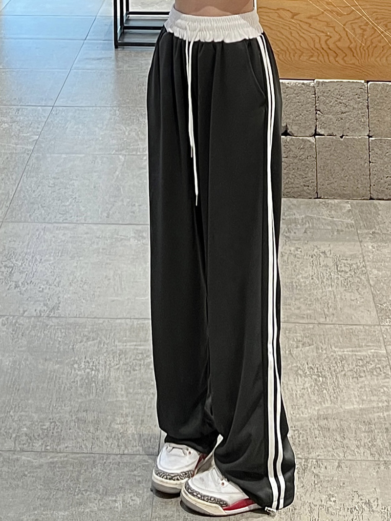 [Real shot] Sports pants for women, high-waisted, loose, straight, casual, patterned, wide-leg pants