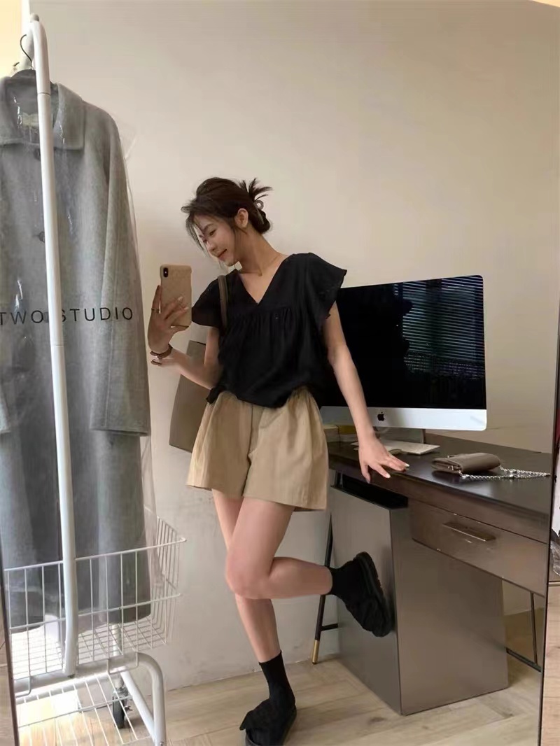 [Washed Cotton] Casual Pants Elastic Waist Shorts Women's High Waist Summer Loose Wide Leg Pants