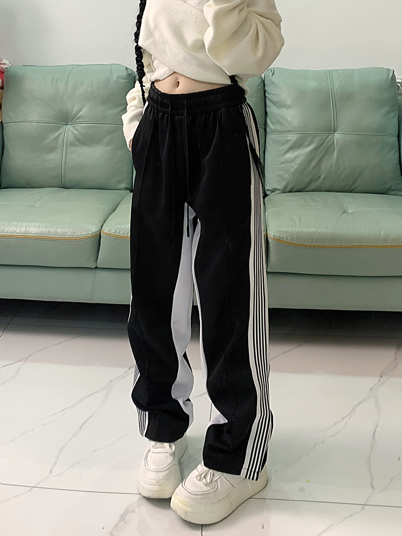 [Real shot Chinese cotton composite] Retro black and white American side striped casual pants high waist straight sports pants