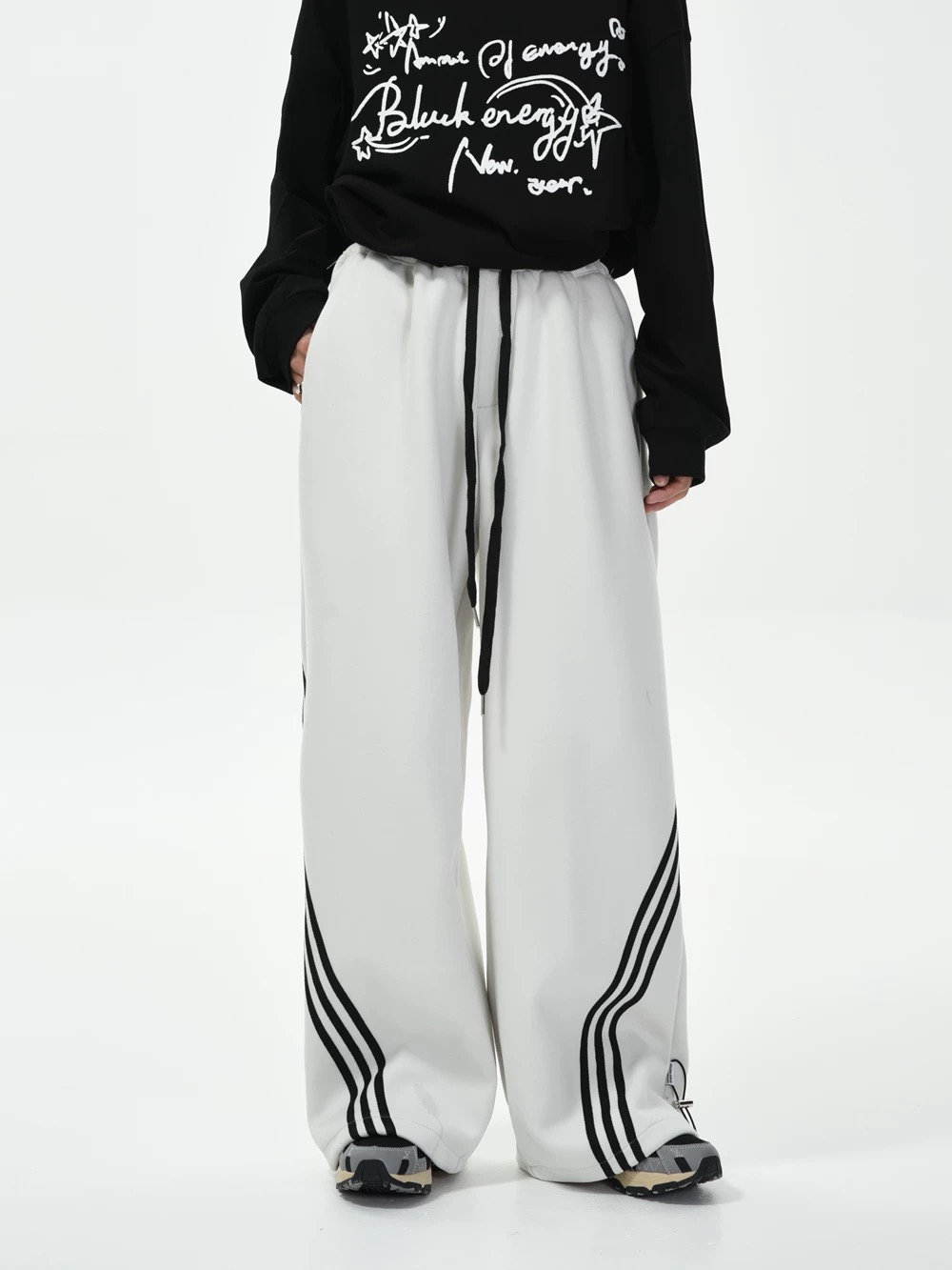 American street striped contrasting wide-leg pants and sweatpants for men and women retro elastic drawstring drape casual sports pants