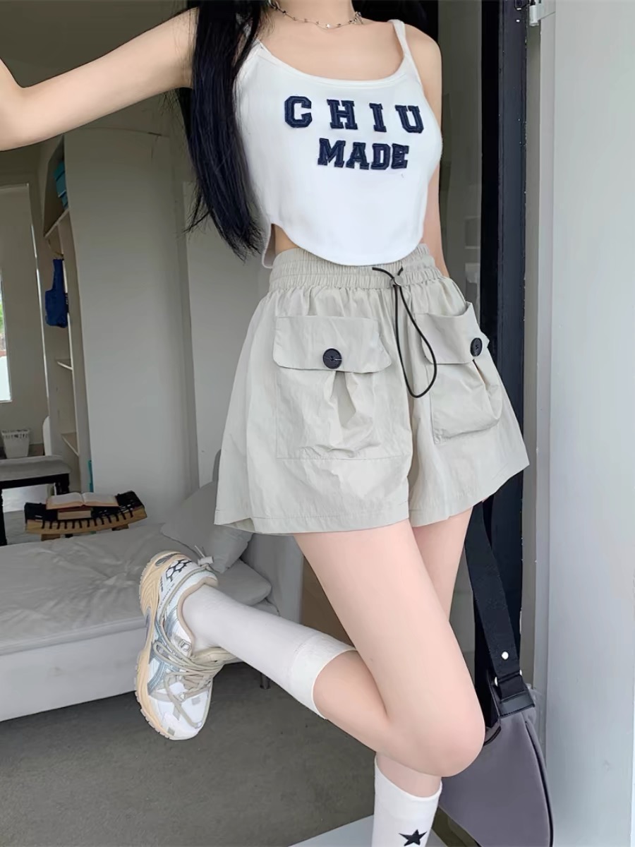 [Kinmian Yamamoto] Designed pocket high-waist overalls for women niche loose wide-leg casual pants straight shorts