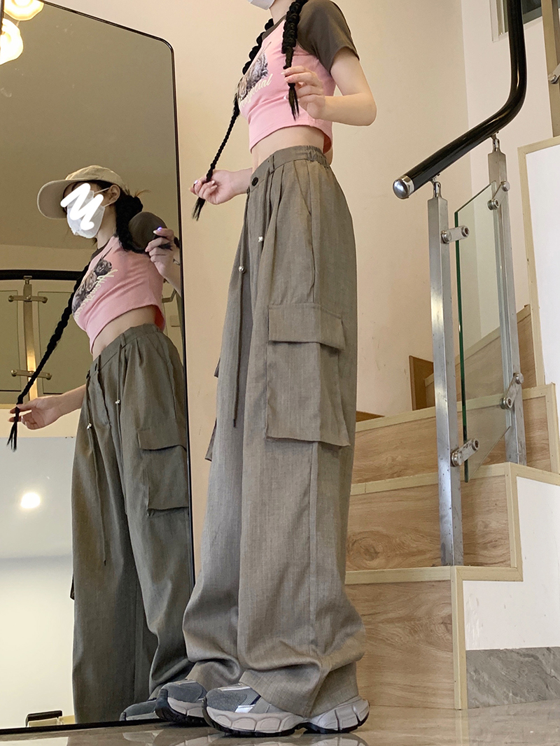 [Real shot woven] American overalls summer plus size women's casual pants straight drape loose wide leg pants