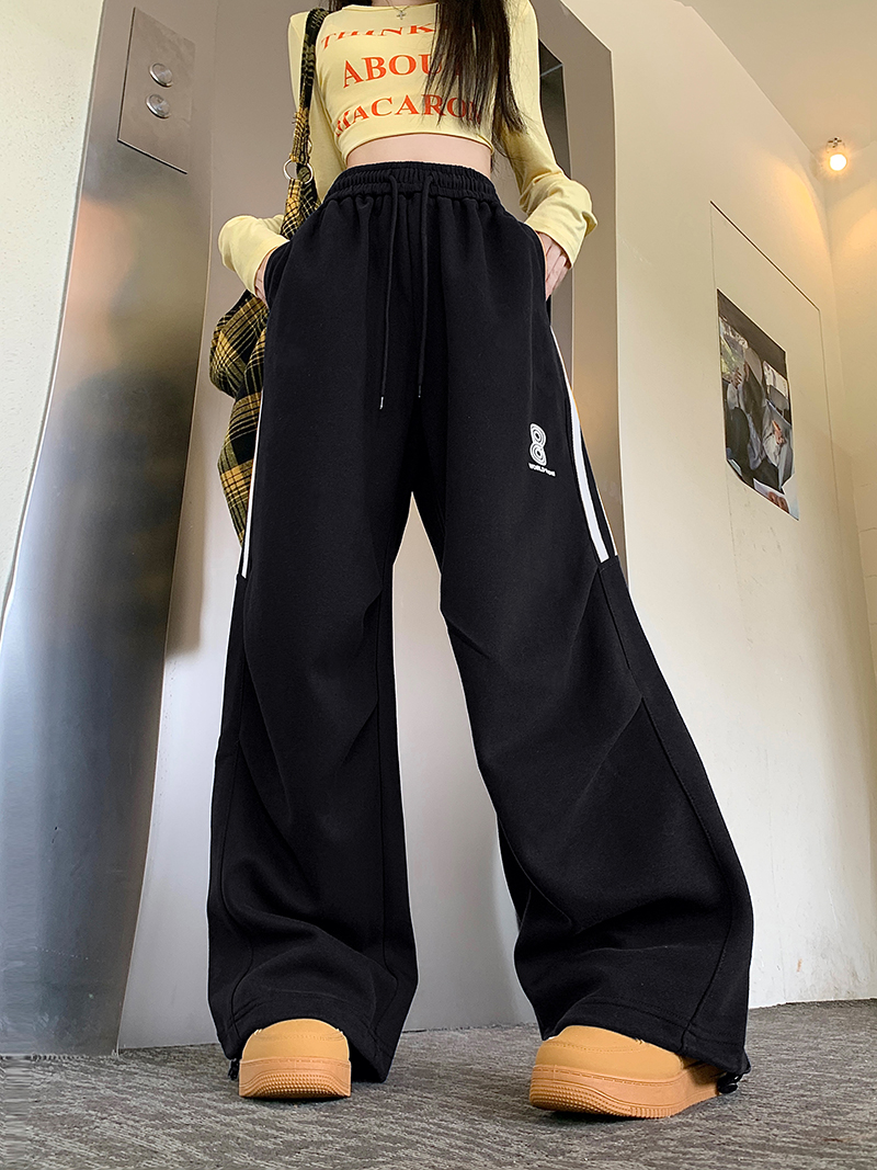 [Real shot of Chinese cotton composite] American three-stripe sports casual pants for women, loose wide-leg pants, slimming pants