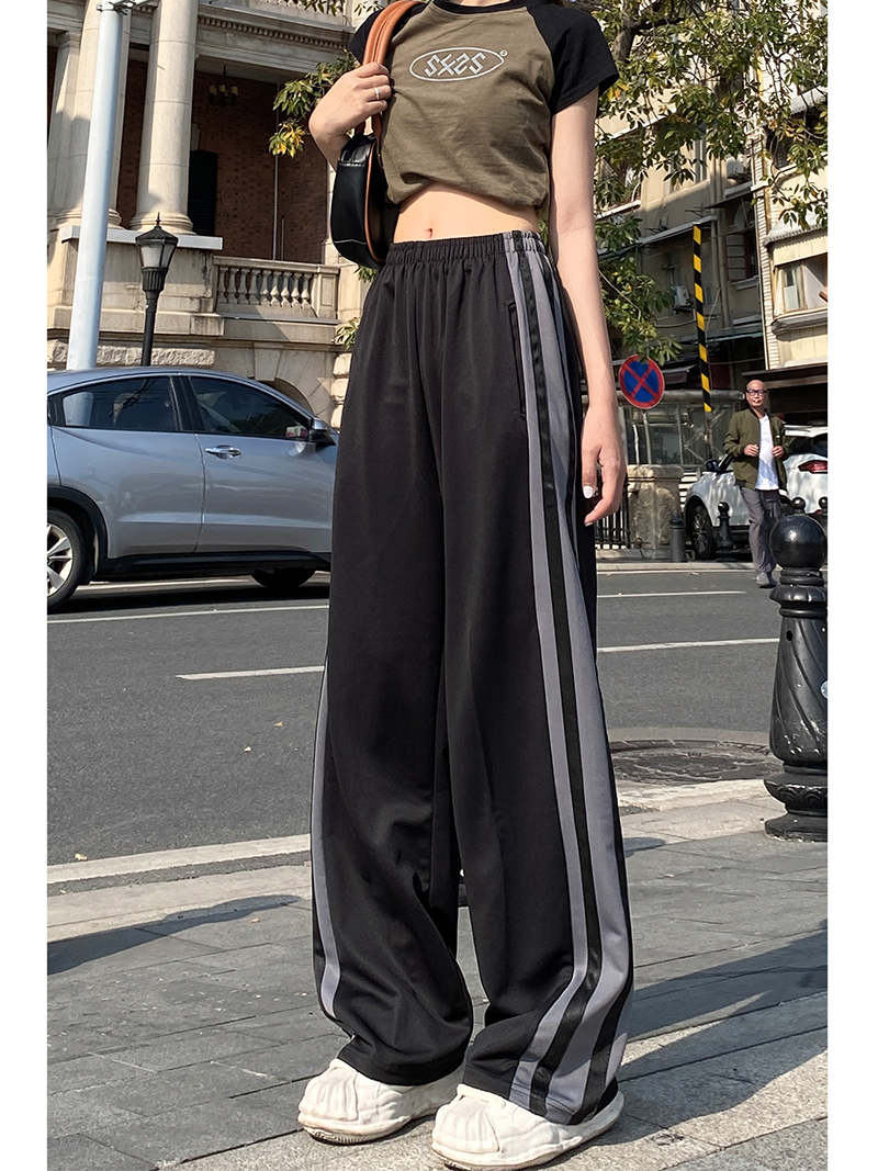 [Real shot] Spring striped straight pants, sports casual pants, loose wide-leg pants ins