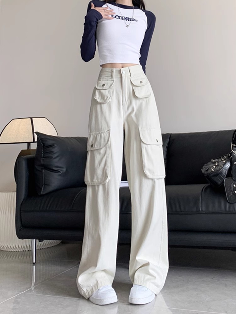 [Extra Thick Washed] American Overalls Women's High Waist Retro Loose Slimming Wide Leg Straight Casual Pants