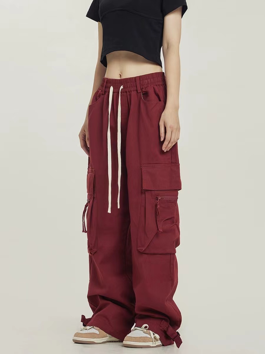 [Official Photo Cavalry Incline] American high street loose wide-leg red overalls street dance pants floor-length trousers