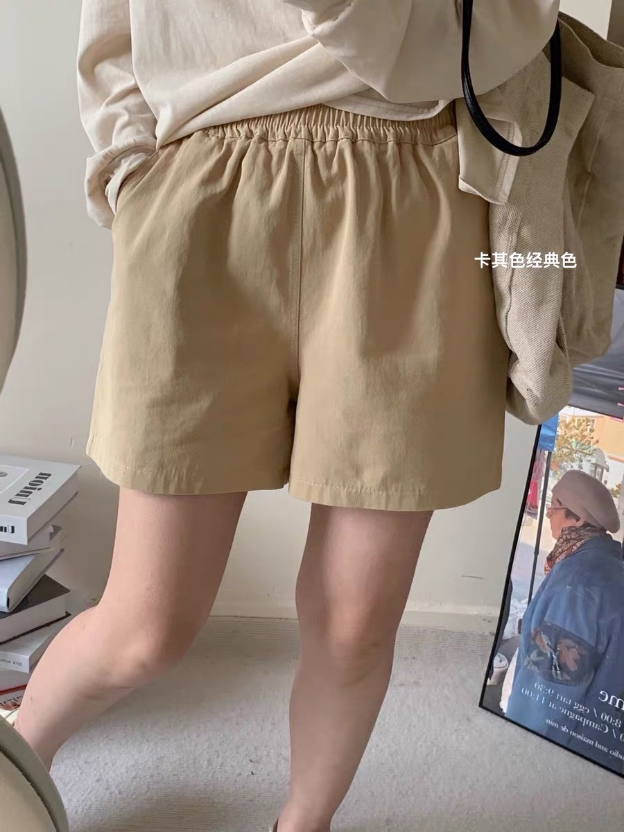 [Washed cotton, original back pocket] Pink casual shorts for women, summer elastic waist, A-line, wide-leg hot pants