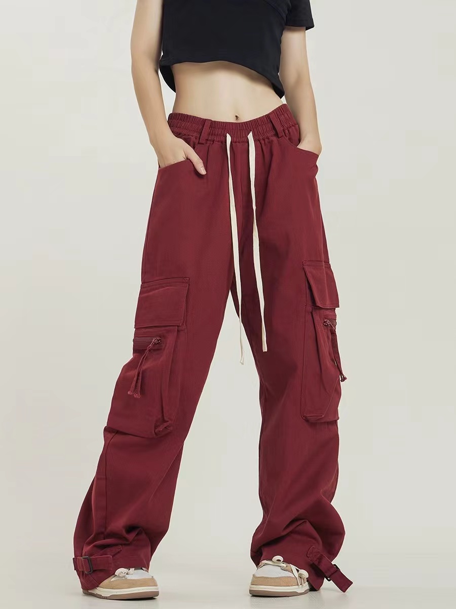 [Official Photo Cavalry Incline] American high street loose wide-leg red overalls street dance pants floor-length trousers