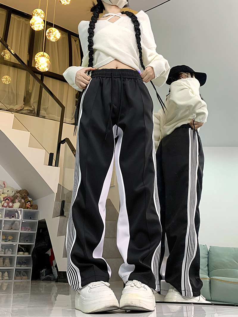 [Real shot Chinese cotton composite] Retro black and white American side striped casual pants high waist straight sports pants