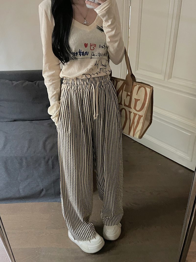 [Real shot, original fabric + back pocket] Spring striped straight trousers and casual pants for women