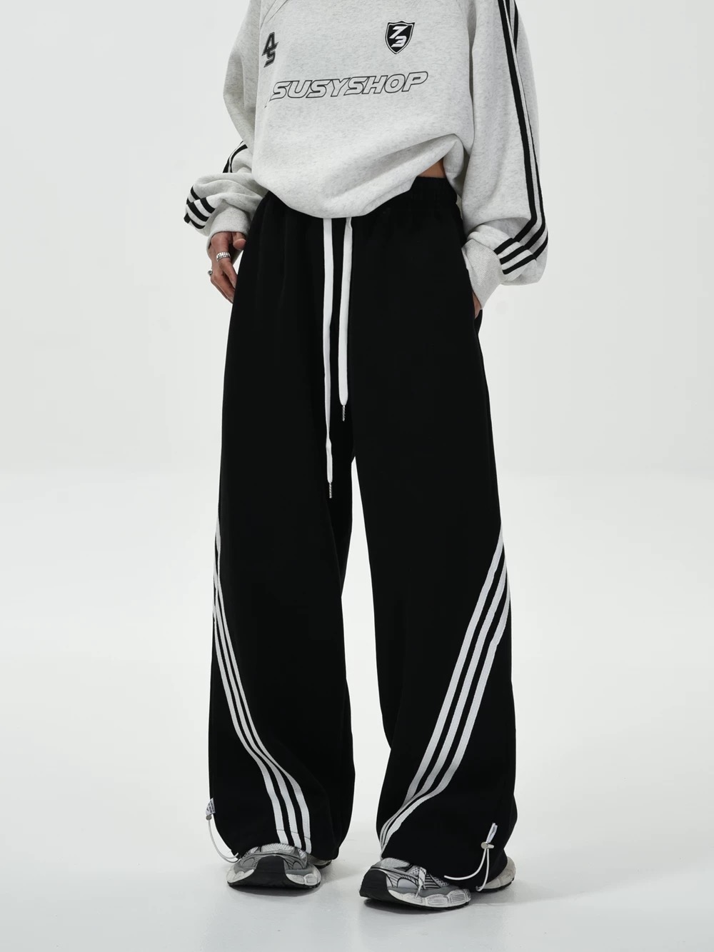 American street striped contrasting wide-leg pants and sweatpants for men and women retro elastic drawstring drape casual sports pants