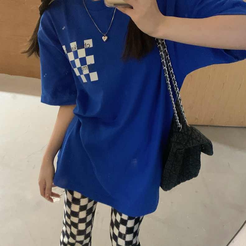 American Vintage chessboard checkerboard Klein Blue front and back printed short sleeve T-shirt women's top