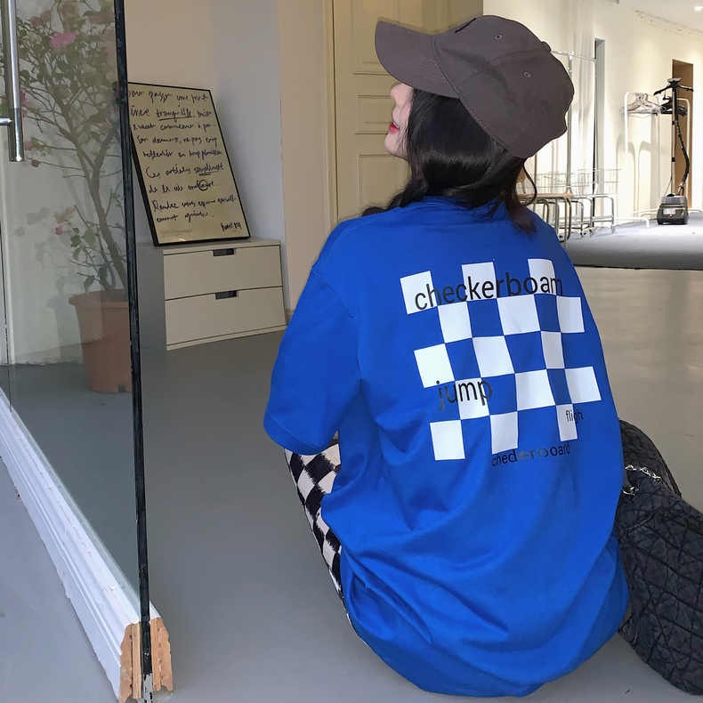 American Vintage chessboard checkerboard Klein Blue front and back printed short sleeve T-shirt women's top