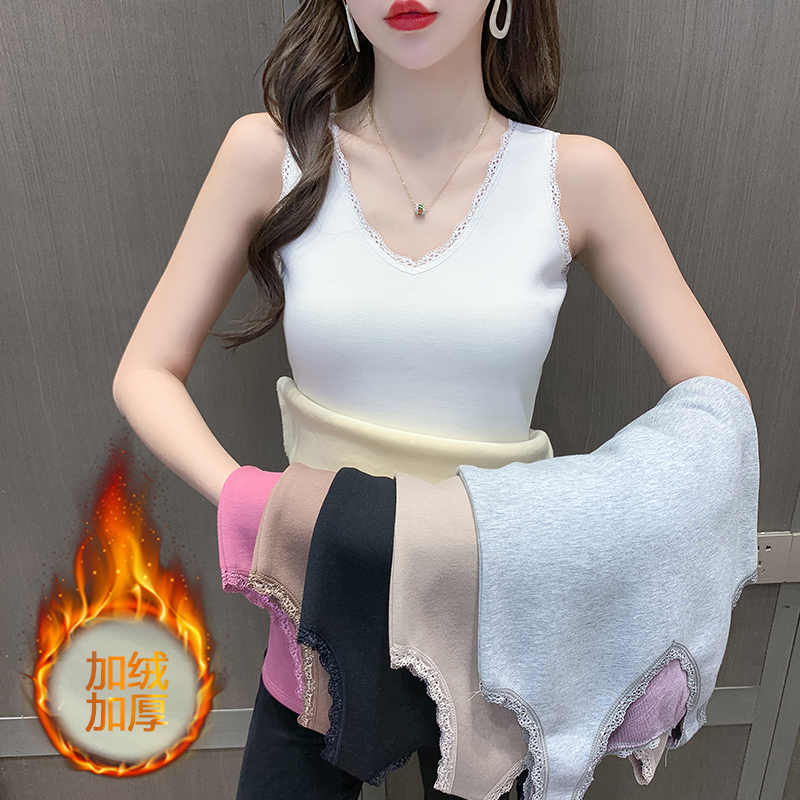 High quality all-in-one cashmere warm vest women's Plush thickened lace V-neck sleeveless slim fit inner top bottom shirt