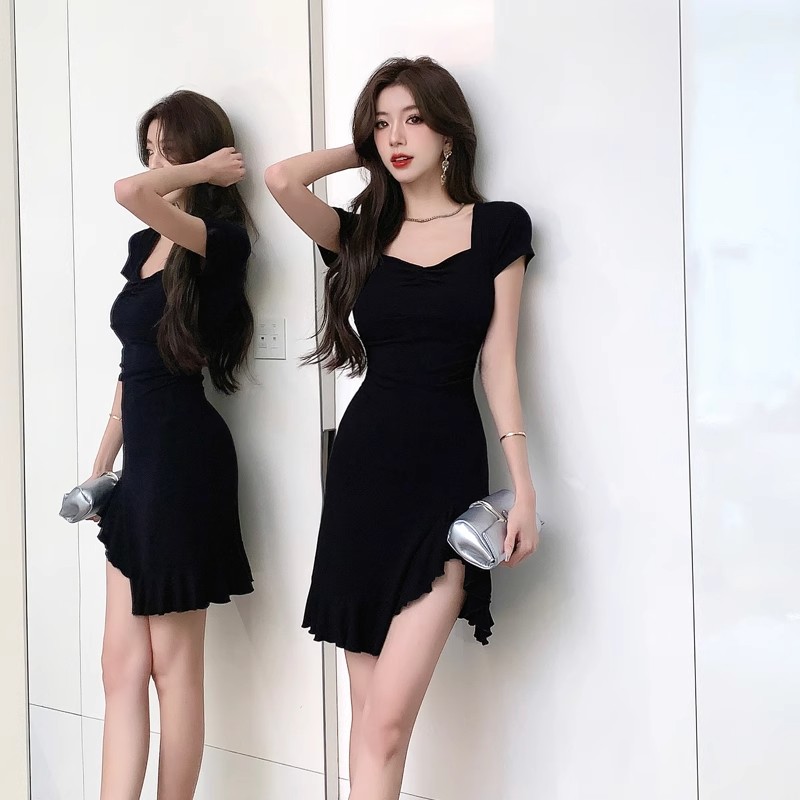 Square collar ruffled dress slimming and elegant socialite pure lust style irregular hot girl sexy little black dress summer