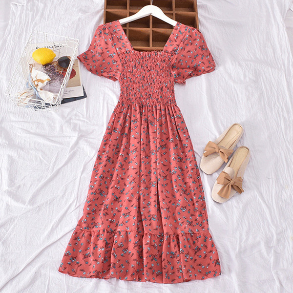 Cross-border foreign trade French retro square-neck floral skirt for women petite high-waisted puff-sleeved sweet short dress spring