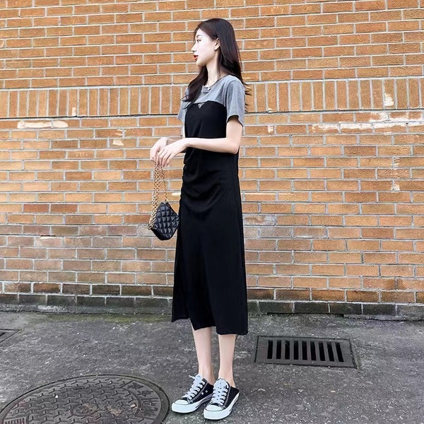 2024 new women's summer long dress women's waist slimming temperament spliced ​​short-sleeved knee-length slit long dress