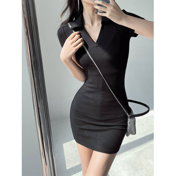 European and American style solid color V-neck short-sleeved dress for summer hot girls sexy lapel slightly fat tight-fitting hip skirt