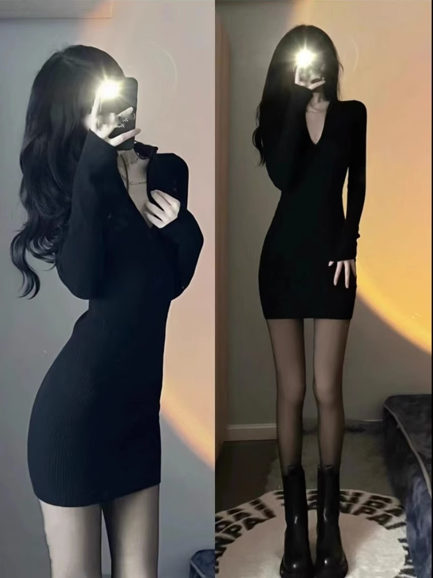 Half turtleneck sexy hot girl elastic tight threaded long-sleeved dress women's spring and autumn hip-hugging waist skirt little black dress