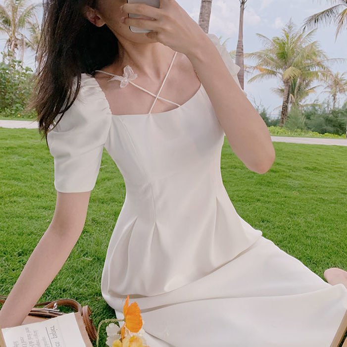 French square collar white first love dress 2024 summer new retro super fairy puff sleeve temperament mid-length dress