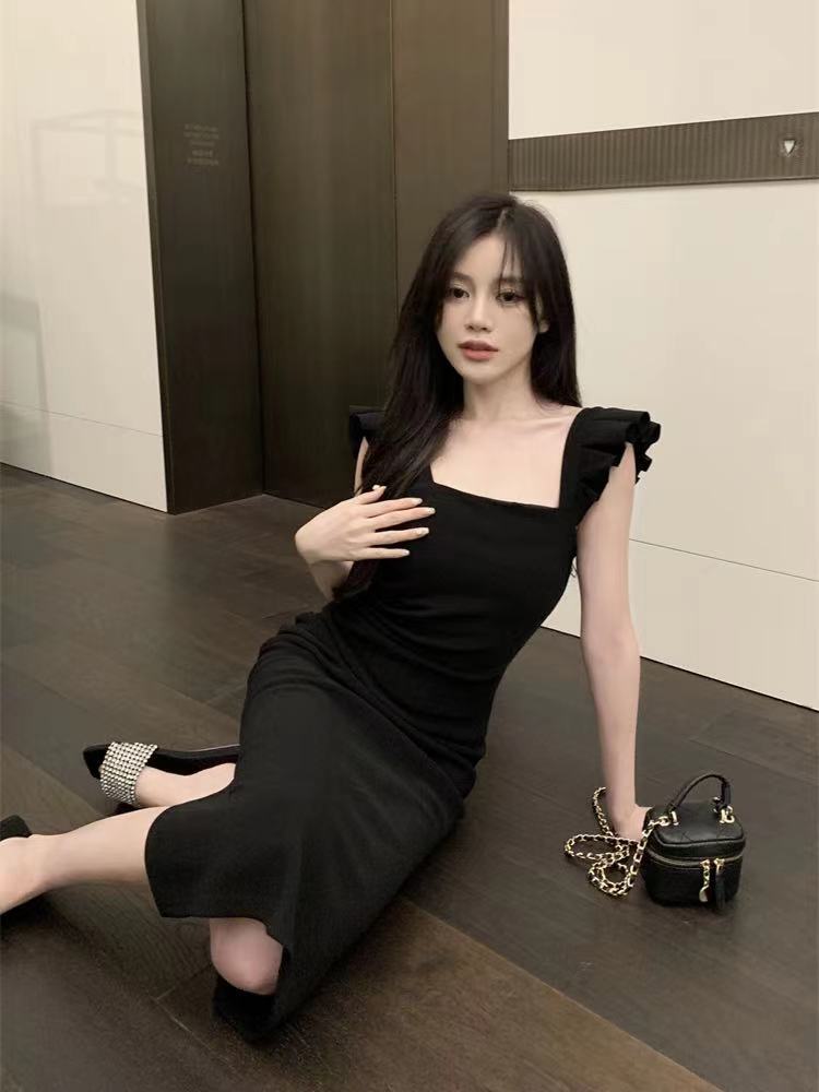 French style petite flying sleeves slit skirt summer new pure lust style slim hip-covering long skirt dress women's clothing