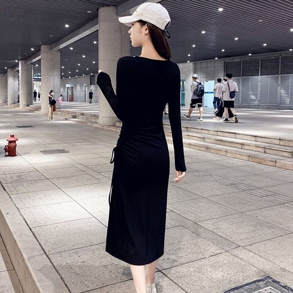 Spring and Autumn temperament V-neck drawstring long-sleeved dress for women Korean version slimming mid-length slit hip skirt ins trend