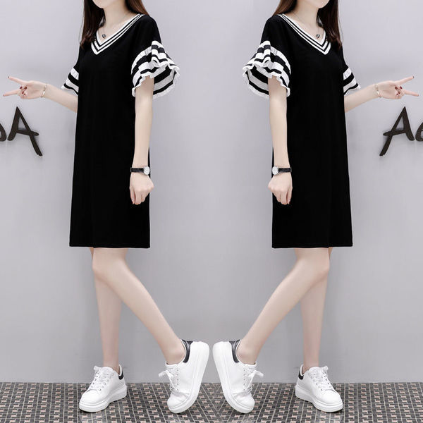 2024 dress for women spring and autumn striped large size loose straight mid-length belly-covering slimming bottoming dress for women spring