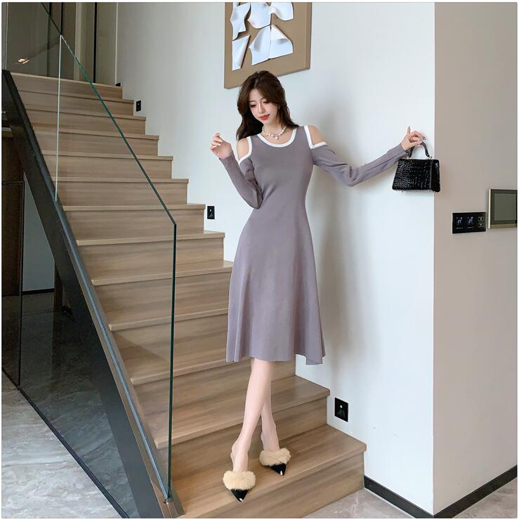 302# French retro contrast color off-shoulder long-sleeved knitted dress for women  autumn new umbrella skirt design skirt