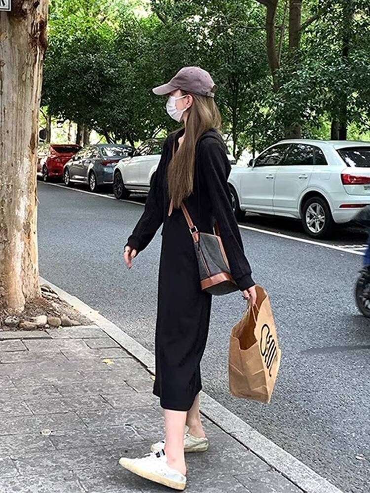 High-end street style pure lust style slim hooded long dress spring and autumn long-sleeved fat mm sweatshirt skirt bottoming skirt