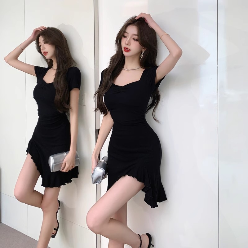 Square collar ruffled dress slimming and elegant socialite pure lust style irregular hot girl sexy little black dress summer