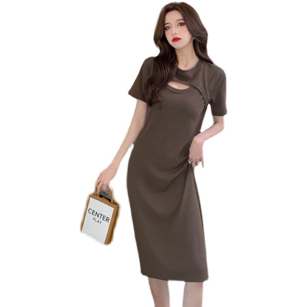 2024 new slim-fitting, slimming and flesh-covering mid-length dress for women, Korean style sweet style waist-cinching hollow skirt for women summer