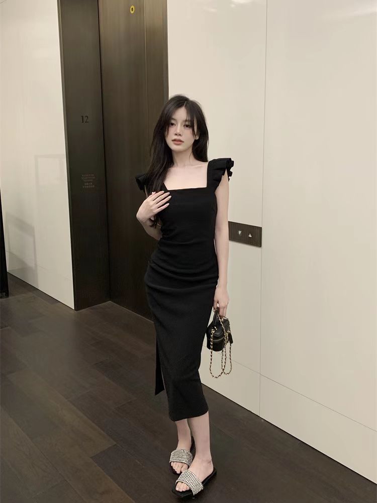 French style petite flying sleeves slit skirt summer new pure lust style slim hip-covering long skirt dress women's clothing