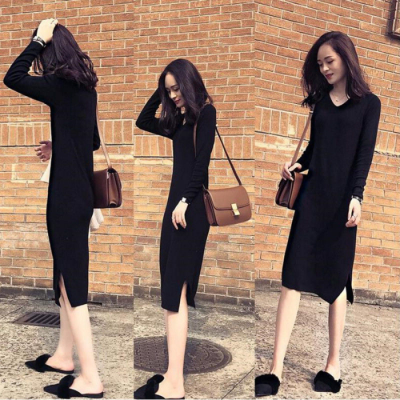 Autumn women's clothing 2024 new trendy Hepburn black dress long-sleeved v-neck versatile bottoming skirt over the knee mid-length dress