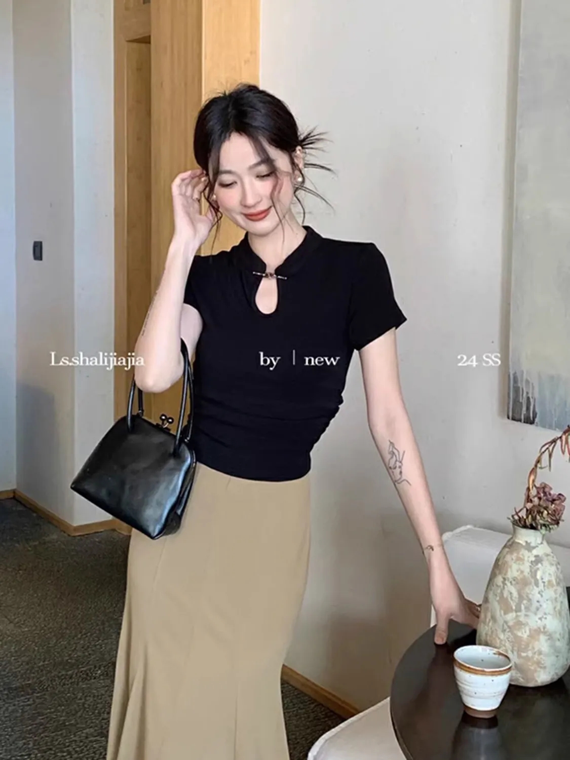Chinese style white hollow stand-up collar right shoulder short-sleeved T-shirt for women summer new style waist slimming top