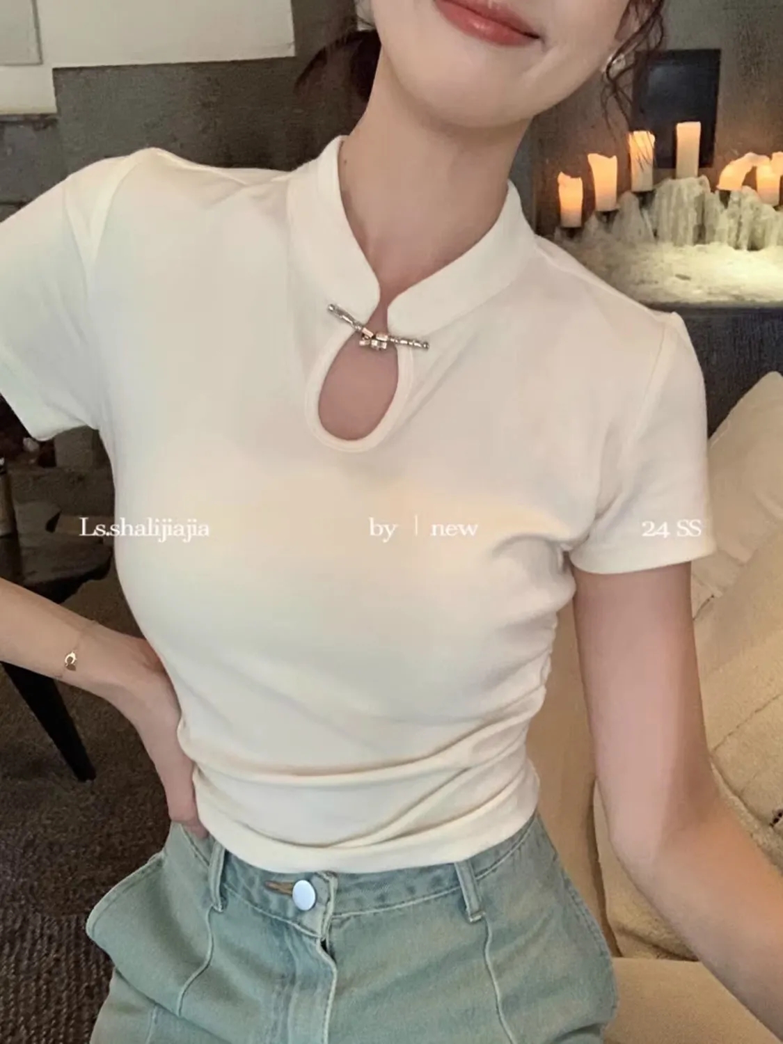 Chinese style white hollow stand-up collar right shoulder short-sleeved T-shirt for women summer new style waist slimming top