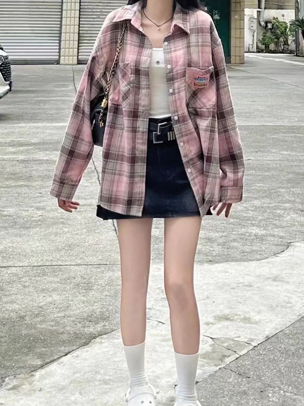 Pink brushed shirt women's high-end new autumn plaid mid-length loose label long-sleeved top