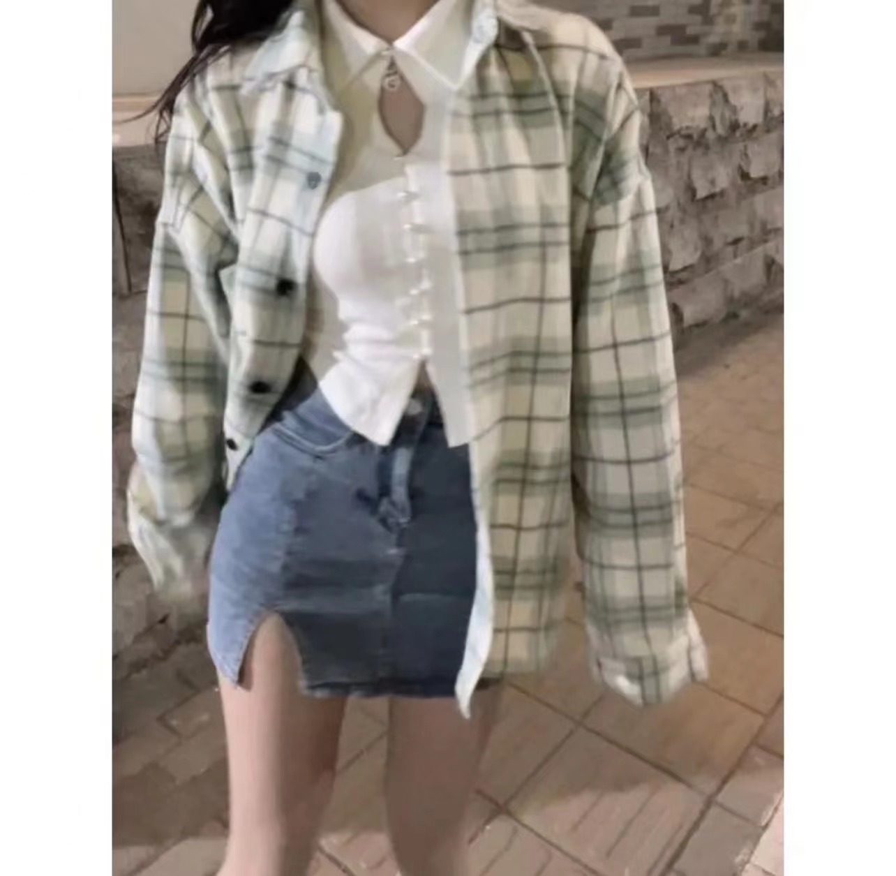 Mint Green Long Sleeve Plaid Shirt Women's Casual French Style Retro Lazy Shirt  Autumn New Top