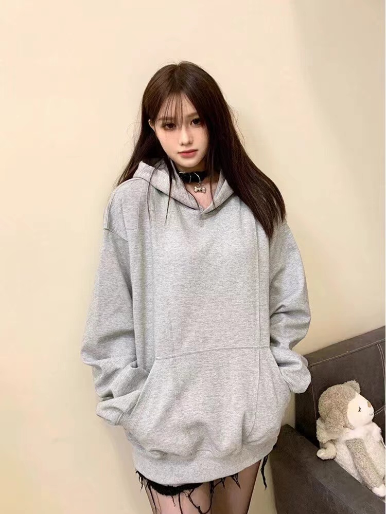 100% polyester fiber 320g imitation cotton Chinese cotton 2024 spring and autumn solid color hooded pullover lazy style sweatshirt for women