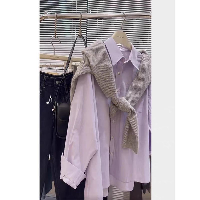 Purple shirt women's new spring design niche shirt with pure cotton layered long-sleeved top jacket