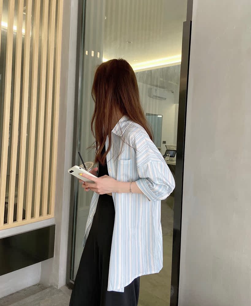 Blue vertical striped mid-length shirt for women summer new 2024 soft girl student forest short-sleeved shirt loose top