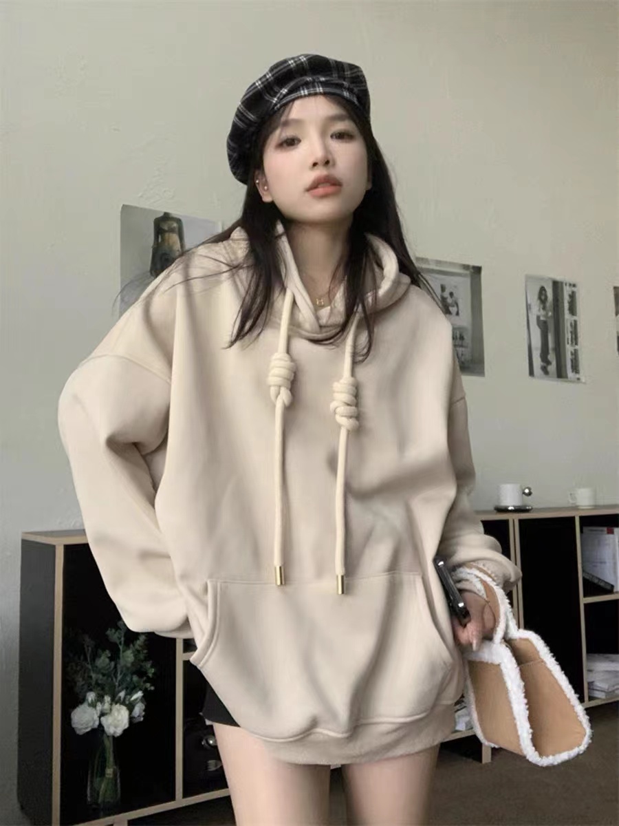 CVC Huamian Silver Fox Velvet Winter  New Korean Style Loose Drawstring Hooded Plus Velvet Long Sleeve Sweater Women's Lazy