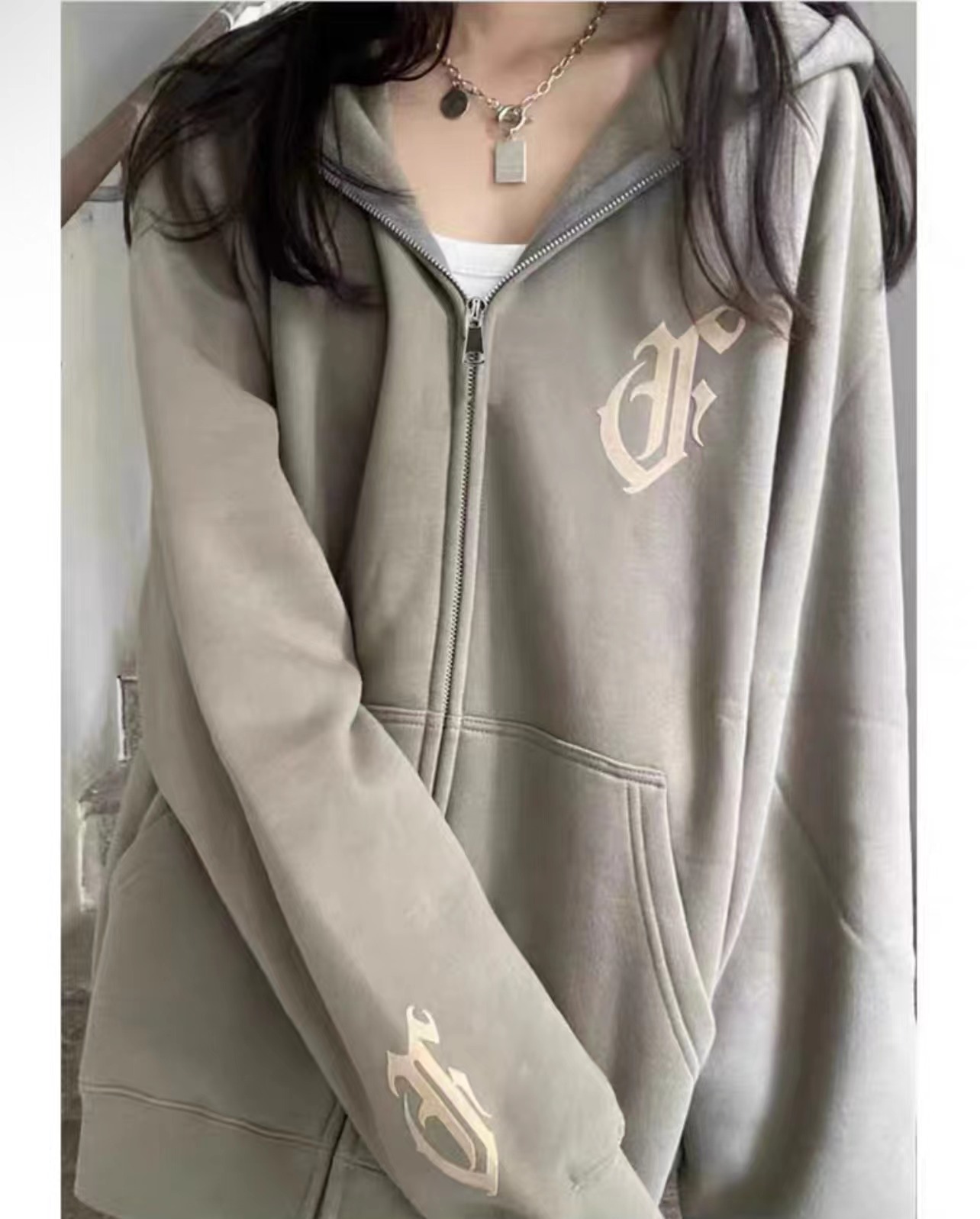 CVC Huamian 2024 new coat autumn and winter ins national trend Korean version lazy loose zipper cardigan hooded sweatshirt for women