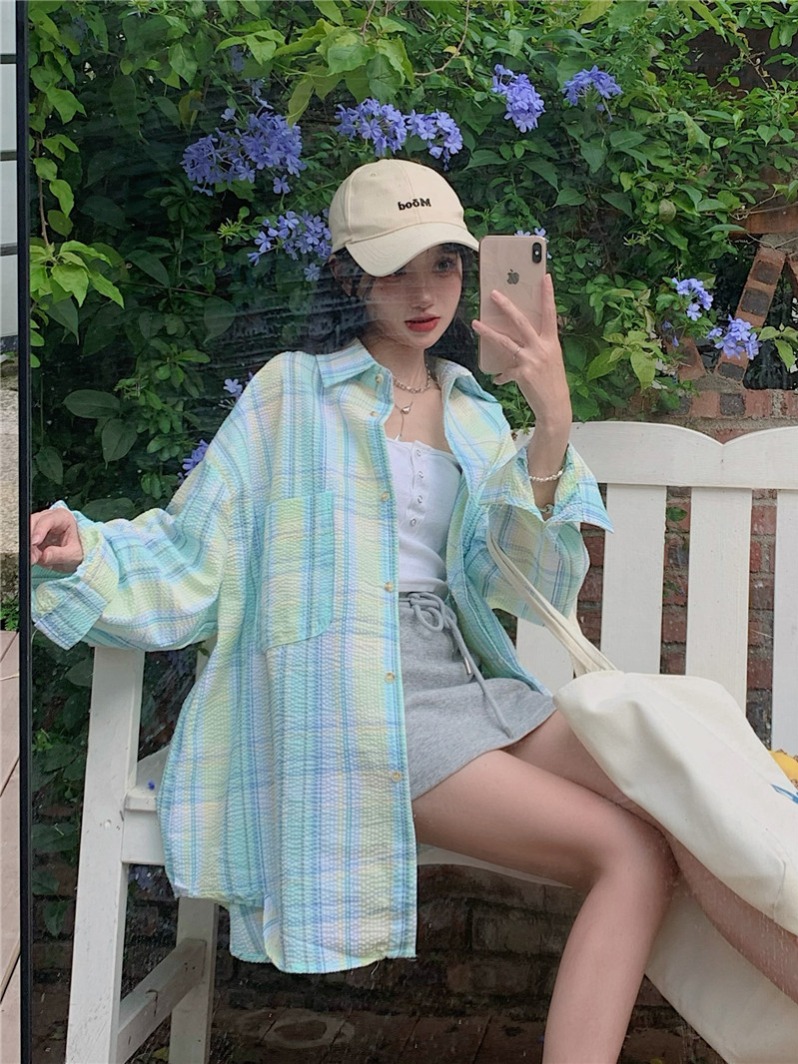 Summer coat, Korean style loose sun protection long-sleeved plaid shirt, lazy design top, mint Mambo style outfit