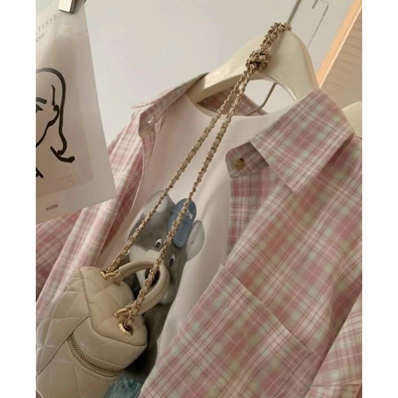 Niche unique and chic super good-looking pink plaid shirt for women loose layered French casual shirt long-sleeved top