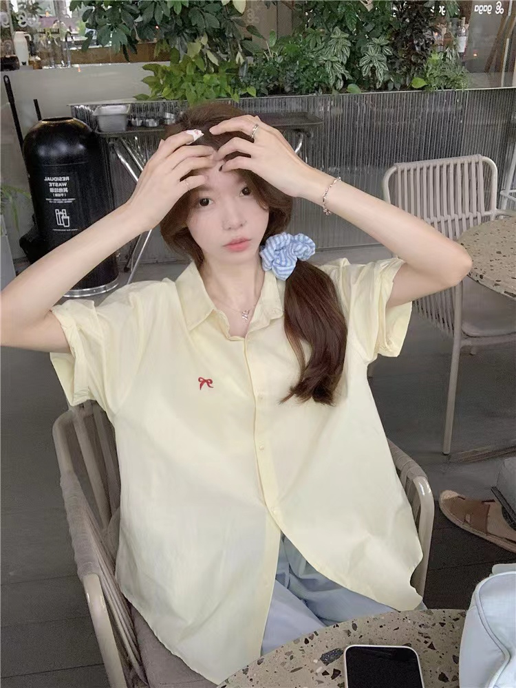 Pure cotton fabric bow embroidered shirt Polo collar short-sleeved cardigan coat women's summer solid color shirt top