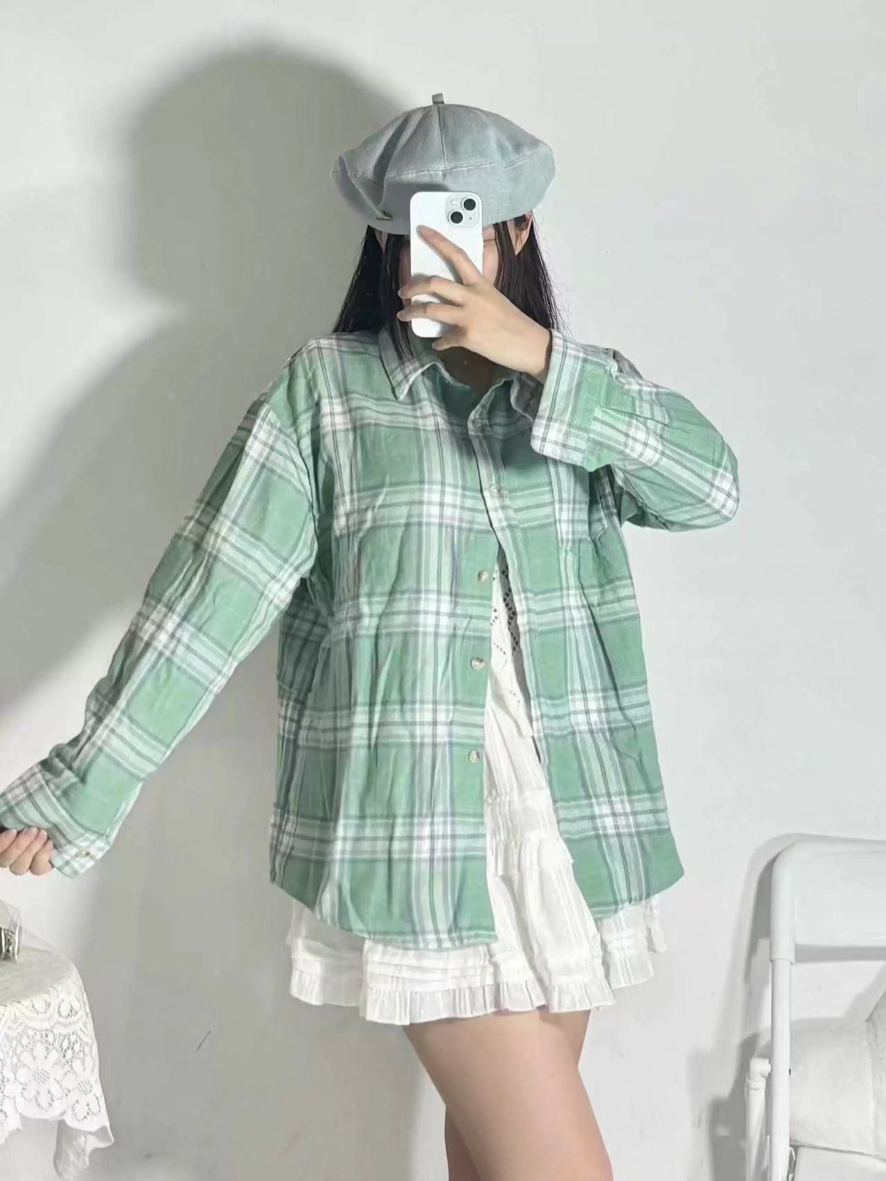 Original fabric green cotton plaid shirt for women layered bottoming top loose slimming shirt