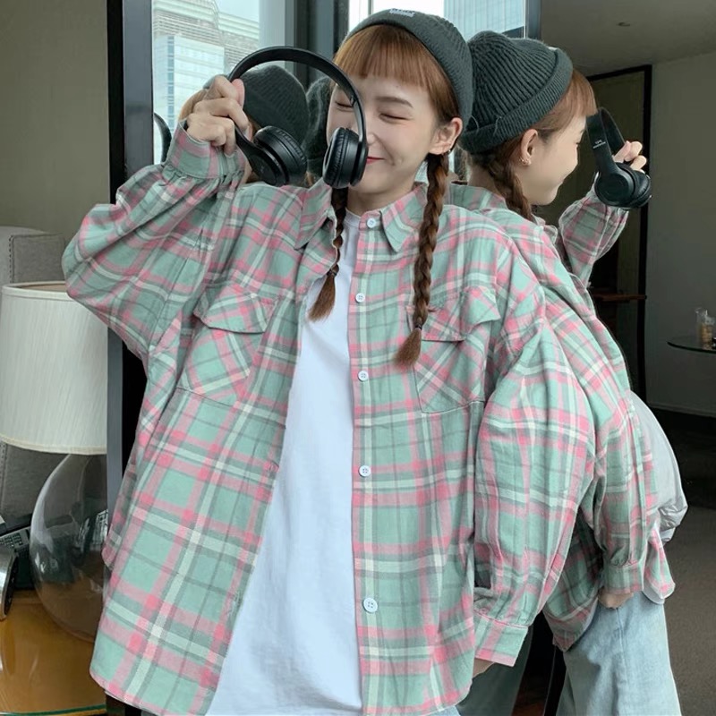 Coat for women spring and autumn  new sun protection clothing for women summer Korean style loose plaid long-sleeved shirt thin cardigan